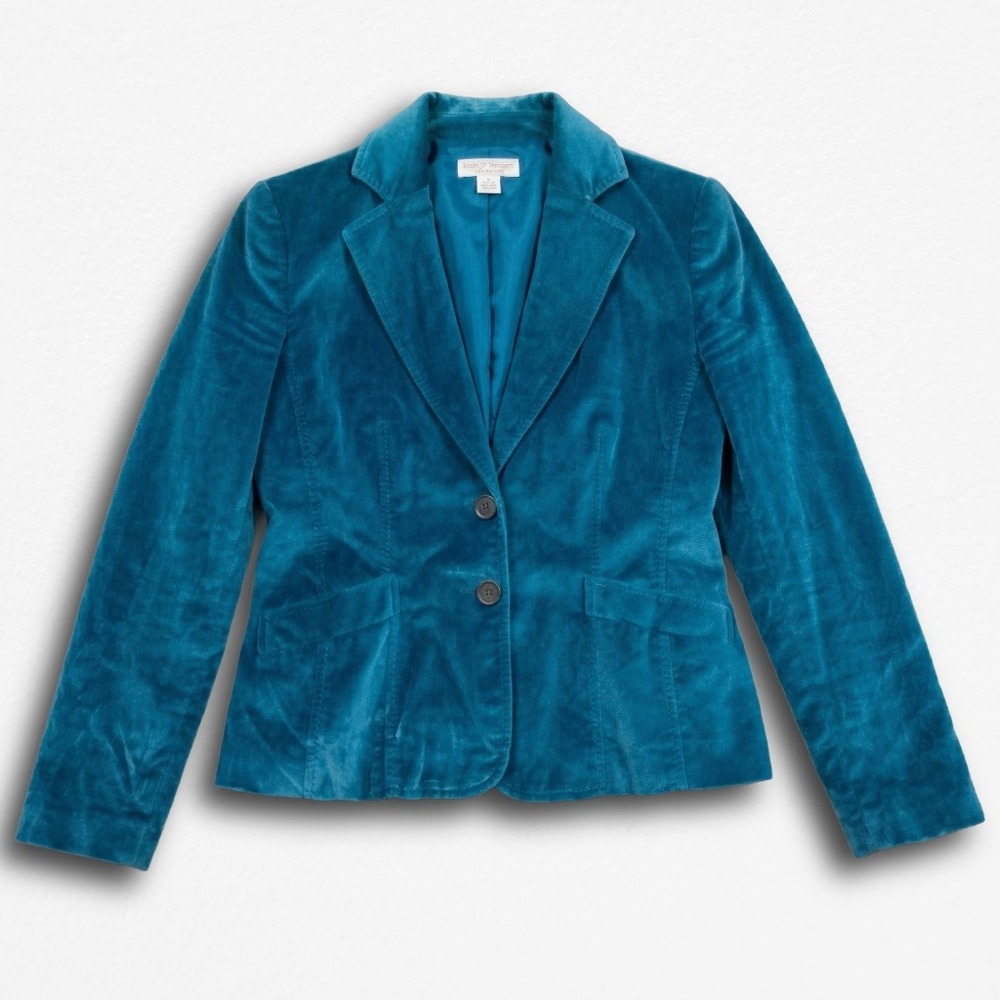 Talbots Vintage Teal Blue Velvet Blazer Jacket Two Button Petite 2P